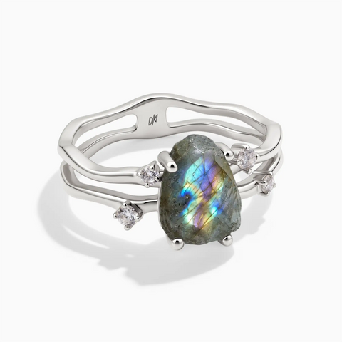 925 Sterling Silver Double Band Raw Labradorite Ring - Interweave Front View