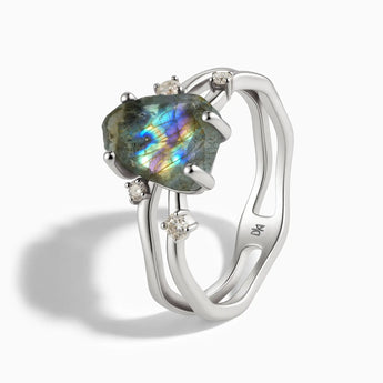 925 Sterling Silver Double Band Raw Labradorite Ring - Interweave Side View