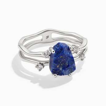 925 Sterling Silver Double Band Raw Lapis Lazuli Ring - Interweave Front View
