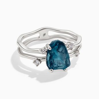 925 Sterling Silver Double Band Raw London Blue Topaz Ring - Interweave Front View