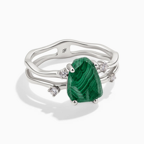 925 Sterling Silver Double Band Raw Malachite Ring - Interweave Front View