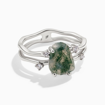 925 Sterling Silver Double Band Raw Moss Agate Ring - Interweave Front View