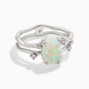 925 Sterling Silver Double Band Raw Opal Ring - Interweave Front View