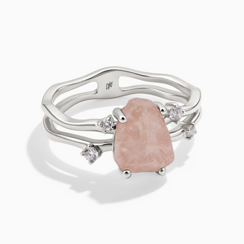925 Sterling Silver Double Band Raw Rose Quartz Ring - Interweave Front View