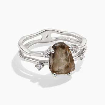 925 Sterling Silver Double Band Raw Smoky Quartz Ring - Interweave Front View