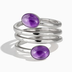 925 Sterling Silver Double Cabochon Amethyst Coil Ring - Endless Winding Front View