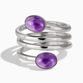 925 Sterling Silver Double Cabochon Amethyst Coil Ring - Endless Winding Front View