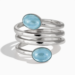 925 Sterling Silver Double Cabochon Aquamarine Coil Ring - Endless Winding Front View