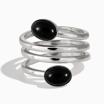 925 Sterling Silver Double Cabochon Black Onyx Coil Ring - Endless Winding Front View