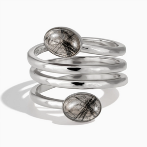925 Sterling Silver Double Cabochon Black Rutilated Quartz Coil Ring - Endless Winding Front View