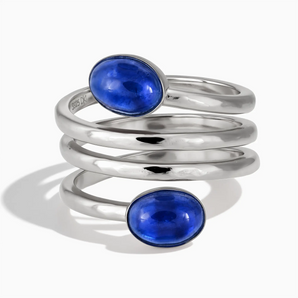 925 Sterling Silver Double Cabochon Blue Sapphire Coil Ring - Endless Winding Front View