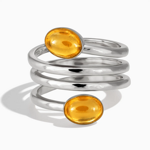 925 Sterling Silver Double Cabochon Citrine Coil Ring - Endless Winding Front View