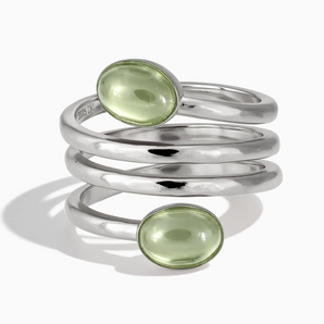 925 Sterling Silver Double Cabochon Green Amethyst Coil Ring - Endless Winding Front View