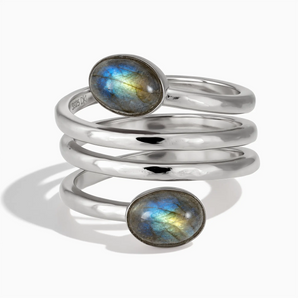 925 Sterling Silver Double Cabochon Labradorite Coil Ring - Endless Winding Front View