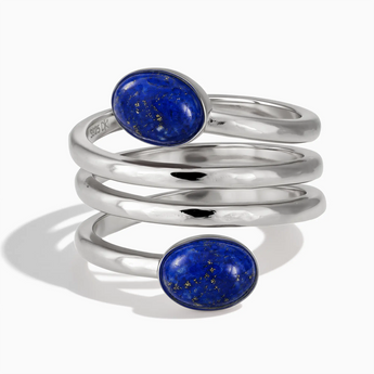 925 Sterling Silver Double Cabochon Lapis Lazuli Coil Ring - Endless Winding Front View