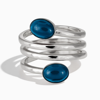 925 Sterling Silver Double Cabochon London Blue Topaz Coil Ring - Endless Winding Front View