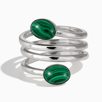 925 Sterling Silver Double Cabochon Malachite Coil Ring - Endless Winding Front View