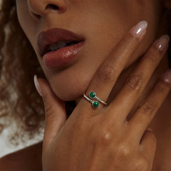 925 Sterling Silver Double Cabochon Malachite Ring - Twins Collection Model Shot