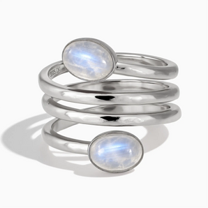 925 Sterling Silver Double Cabochon Moonstone Coil Ring - Endless Winding Front View