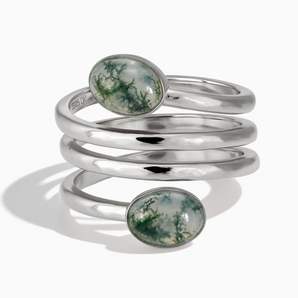 925 Sterling Silver Double Cabochon Moss Agate Coil Ring - Endless Winding Front View