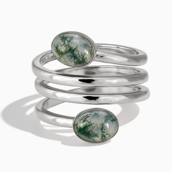 925 Sterling Silver Double Cabochon Moss Agate Coil Ring - Endless Winding Front View