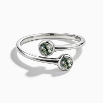 925 Sterling Silver Double Cabochon Moss Agate Ring - Twins Collection Front View