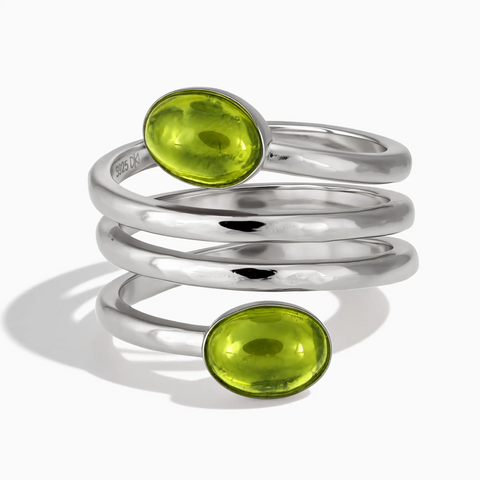 925 Sterling Silver Double Cabochon Peridot Coil Ring - Endless Winding Front View