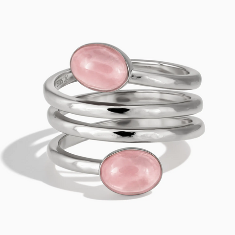 925 Sterling Silver Double Cabochon Rose Quartz Coil Ring - Endless Winding Front View