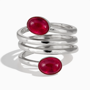 925 Sterling Silver Double Cabochon Ruby Coil Ring - Endless Winding Front View