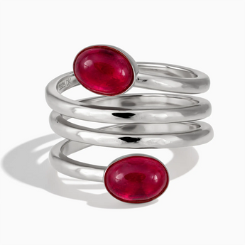 925 Sterling Silver Double Cabochon Ruby Coil Ring - Endless Winding Front View