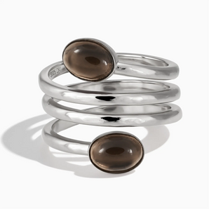 925 Sterling Silver Double Cabochon Smoky Quartz Coil Ring - Endless Winding Front View