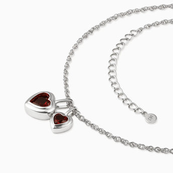 925 Sterling Silver Double Heart Garnet Bezel Necklace - Coeur Echo Side View