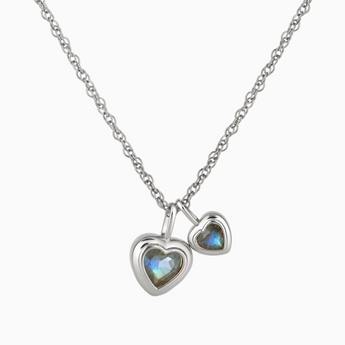925 Sterling Silver Double Heart Labradorite Bezel Necklace - Coeur Echo Front View