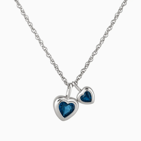 925 Sterling Silver Double Heart London Blue Topaz Bezel Necklace - Coeur Echo Front View