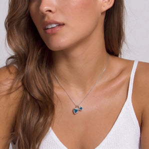 925 Sterling Silver Double Heart London Blue Topaz Bezel Necklace - Coeur Echo Model Shot