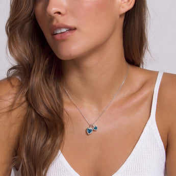 925 Sterling Silver Double Heart London Blue Topaz Bezel Necklace - Coeur Echo Model Shot