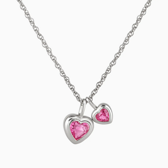 925 Sterling Silver Double Heart Pink Tourmaline Bezel Necklace - Coeur Echo Front View