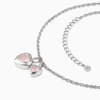 925 Sterling Silver Double Heart Rose Quartz Bezel Necklace - Coeur Echo Side View