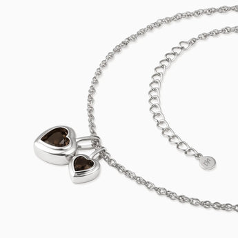 925 Sterling Silver Double Heart Smoky Quartz Bezel Necklace - Coeur Echo Side View