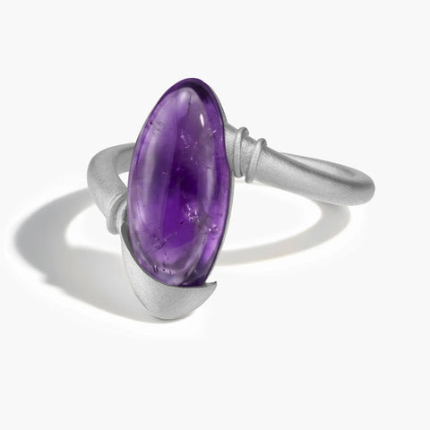 925 Sterling Silver Elongated Oval Amethyst Sculptural Statement Ring - Cove Front View