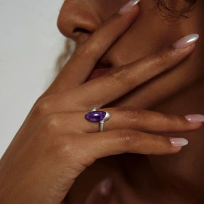 925 Sterling Silver Elongated Oval Amethyst Sculptural Statement Ring - Cove Worn View