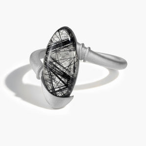 925 Sterling Silver Elongated Oval Black Rutilated Quartz Sculptural Statement Ring - Cove Front View