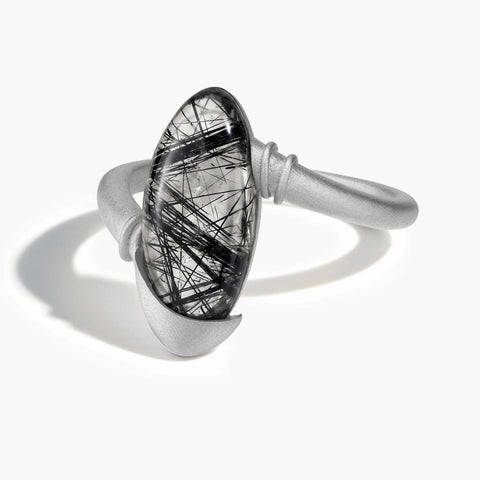 925 Sterling Silver Elongated Oval Black Rutilated Quartz Sculptural Statement Ring - Cove Front View
