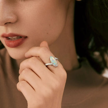 925 Sterling Silver Elongated Oval Opal Sculptural Statement Ring - Cove Worn View