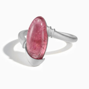 925 Sterling Silver Elongated Oval Pink Tourmaline Sculptural Statement Ring - Cove Front View