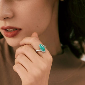 925 Sterling Silver Elongated Oval Turquoise Sculptural Statement Ring - Cove Worn View