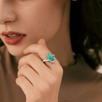 925 Sterling Silver Elongated Oval Turquoise Sculptural Statement Ring - Cove Worn View