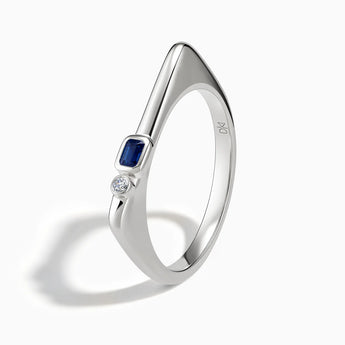 925 Sterling Silver Emerald Cut Blue Sapphire Puzzle Stacking Ring - Minimal Align Side View