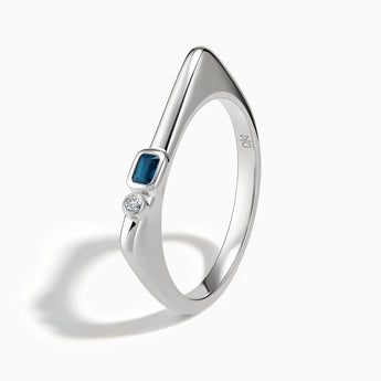 925 Sterling Silver Emerald Cut London Blue Topaz Puzzle Stacking Ring - Minimal Align Side View