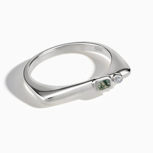 925 Sterling Silver Emerald Cut Moss Agate Puzzle Stacking Ring - Minimal Align Front View